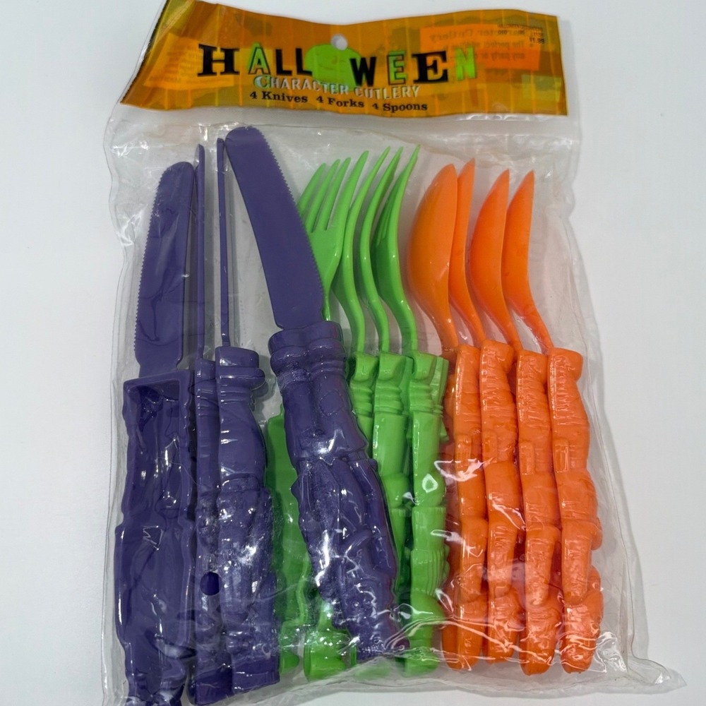 NIP 12 PC Halloween Character Shaped Cutlery Set Plastic Neon 3D Monsters NOS